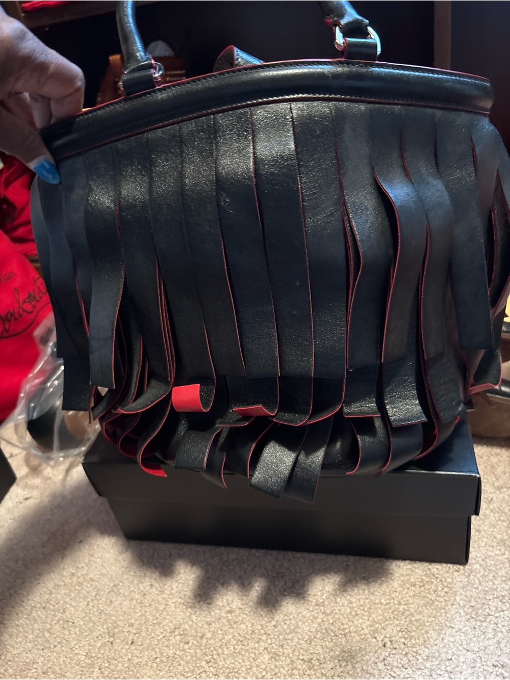 Prada Black Leather Fringe Tote with Red Trim Accent - Picture 2 of 2